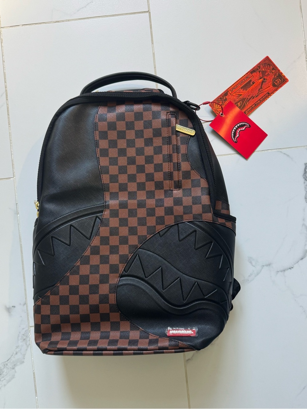 Sprayground Brown and Black Checkered Shark Backpack